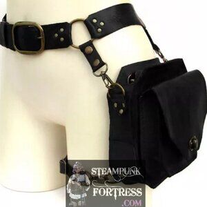 BLACK HIP BAG PURSE FAUX LEATHER THIGH HOLSTER BELT BRASS ACCENTS ADJUSTABLE STE